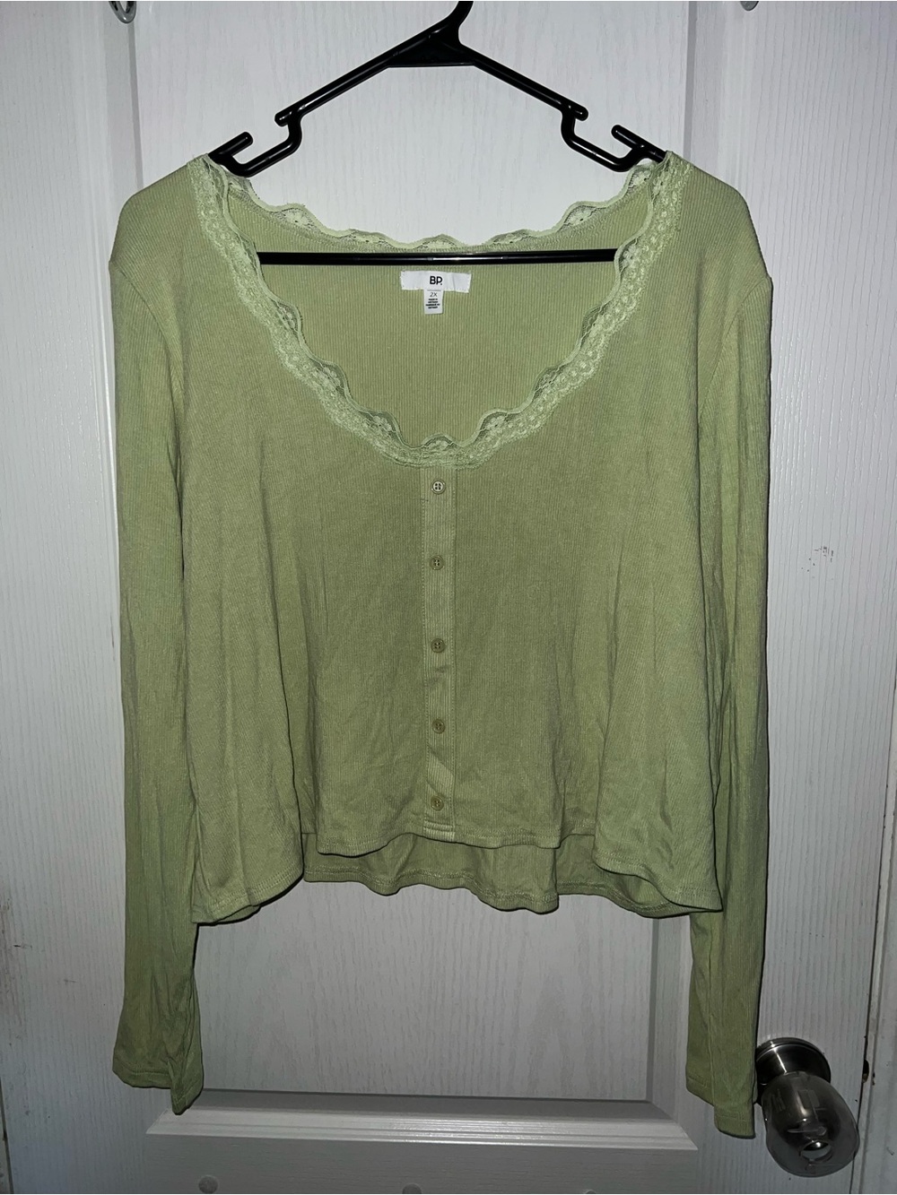 bp Light Green Lace-Trim Button-Front Long Sleeve Top
